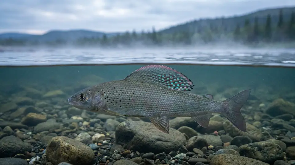 An Arctic grayling with its tall sail-like dorsal fin raised