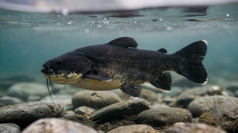 A black bullhead catfish with dark body, whiskers and a square tail
