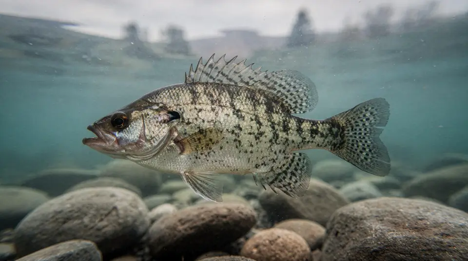A black crappie with dark speckled blotches on a silver body