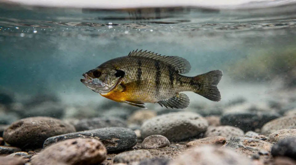A bluegill sunfish with a round body, faint bars and a black ear flap
