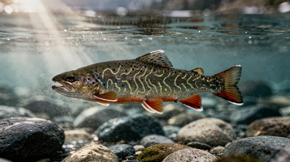 A brook trout swimming over stones, showing pale marbling on its back and white-edged orange fins