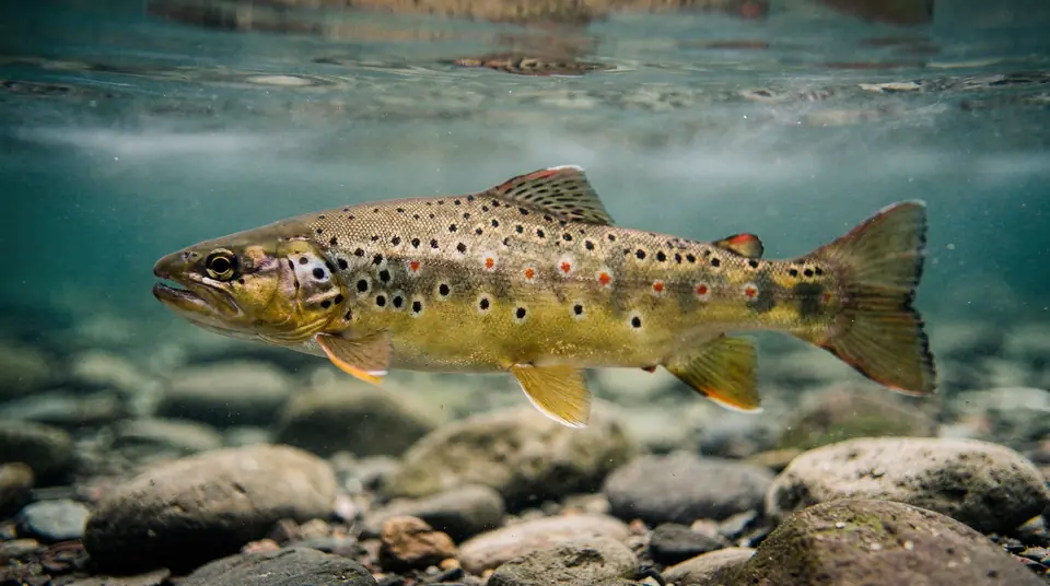 A brown trout with black and red-orange spots on a golden body