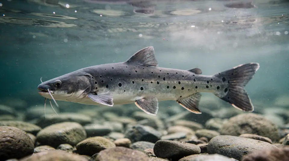 A channel catfish near the bottom, showing its whiskers, small spots and forked tail