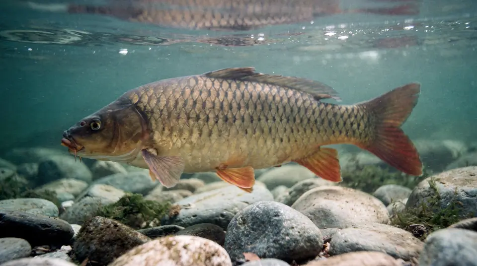 A common carp with large bronze scales cruising over a muddy bottom