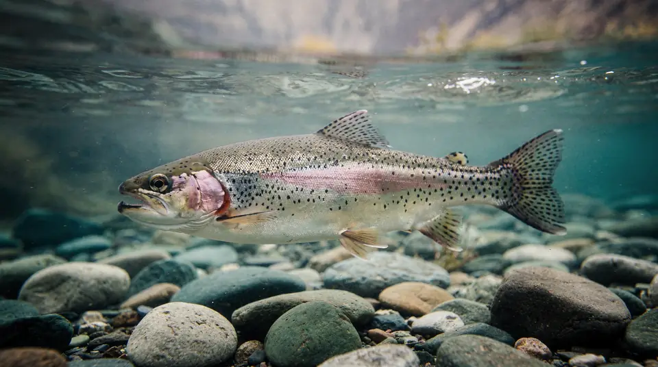 A cutbow trout showing a faint orange throat slash and a pink side band