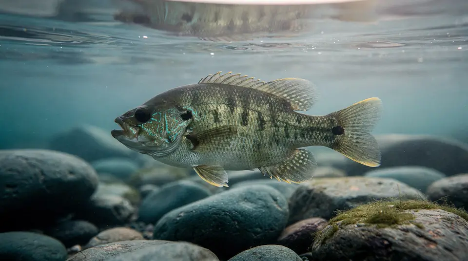 A green sunfish with blue lines on its cheek and yellow-edged fins