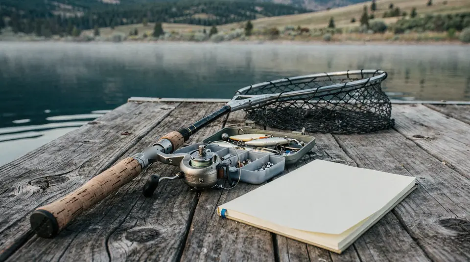 Plain fishing gear laid out on a wooden dock beside a calm lake