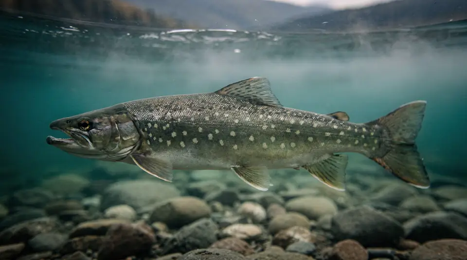 A lake trout with pale spots and a deeply forked tail in deep blue water