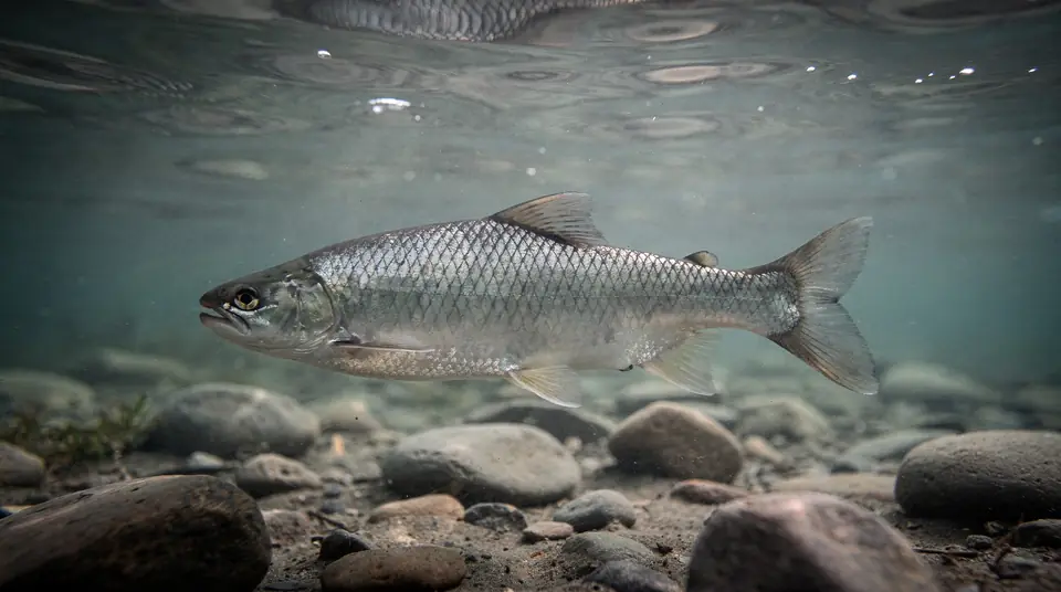 A mountain whitefish, a slender silver fish with a small mouth, in a clear stream