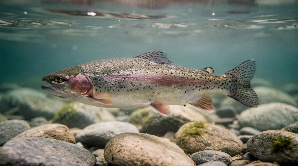 A rainbow trout swimming in clear water, showing its pink side stripe and small black spots