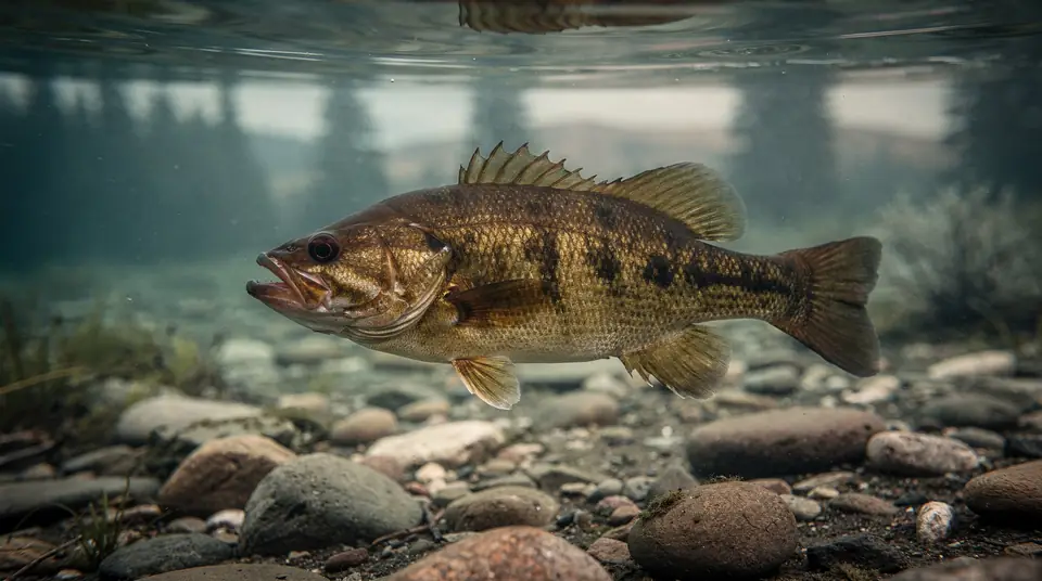 A smallmouth bass with bronze color and dark vertical bars over a rocky bottom