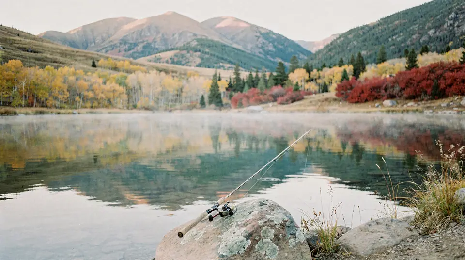 A calm mountain lake with golden fall aspens reflected in the water
