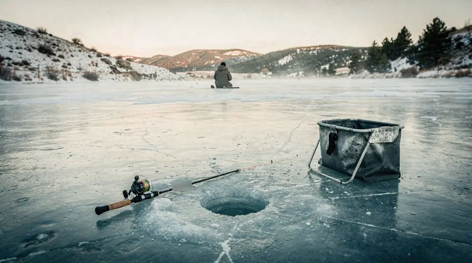 Ice fishing gear beside a hole in the ice on a frozen reservoir at dawn