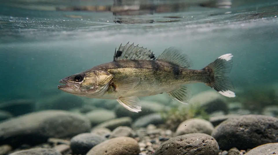 A walleye with its large glassy eye and golden body