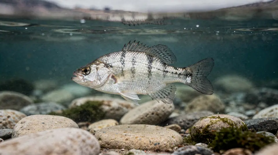 A white crappie with faint vertical bars on a pale silver body