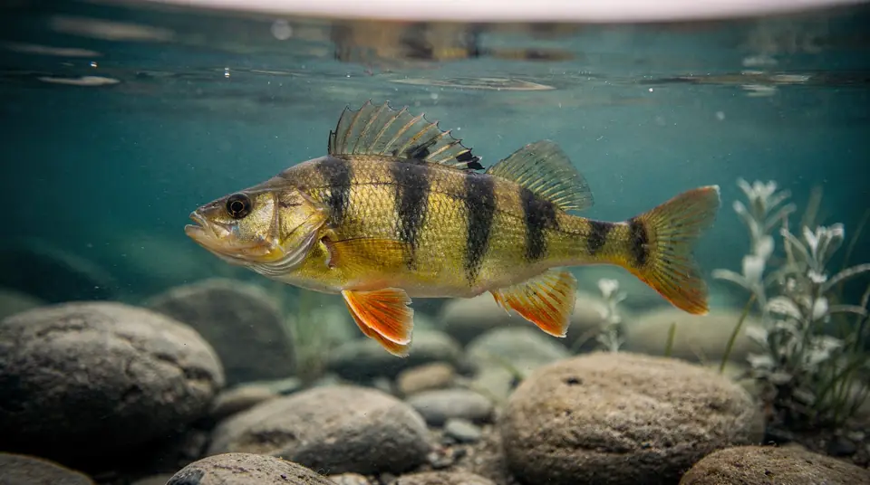 A yellow perch with dark vertical bars on a yellow body